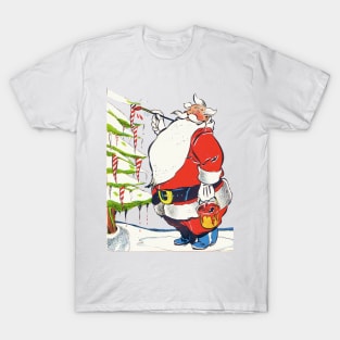 Santa Claus Painting the ice stalactites of the Christmas Pine Retro Vintage Comic Cartoon T-Shirt